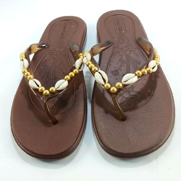 Luna Kicks Brown Boho Thong Sandals with Shell and Bead Accents Womans XL 11/12 - Picture 4 of 8